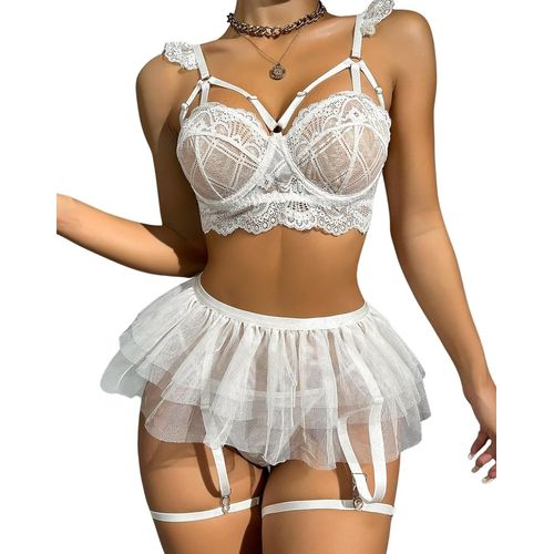 Kgabery-Ensemble De Lingerie Pour Femme Avec Porte-Jarretelles Sexy Gothique En Dentelle 4 Pièces Nuisette Taille Haute Lingerie Sans Bas