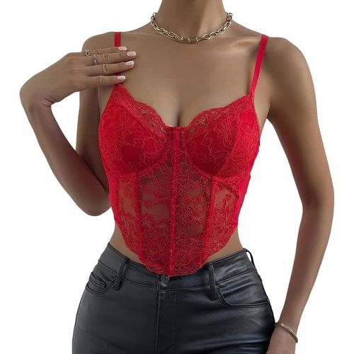 Kgabery-Debardeur Femme Eté En Dentelle Sexy Col En V Haut Court Chic Bretelles Spaghetti Crop Top Coupe Ajustée Corset Dentel Cami Tank Tops Chemisier Mode Streewear Clubwear