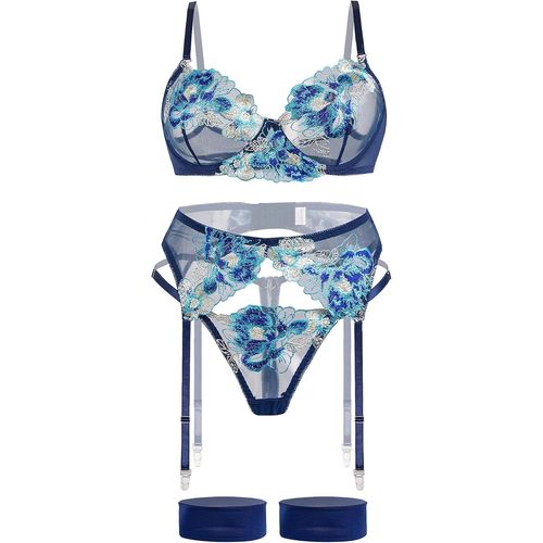 Kgabery-Ensemble De Lingerie 4 Pièces Pour Femme Avec Dentelle Florale Brodée Et Soutien-Gorge À Armatures Avec String Et Porte-Jarretelles,Bleu,L
