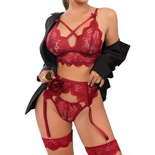 Kgabery-Ensemble Lingerie Brassière Femmes Dentelle Licou Teddy Babydoll Vêtement De Nuit Ensemble De Lingerie Sexy Avec Porte Jarretelles