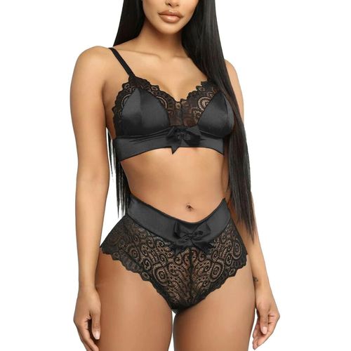 Kgabery-Femme Ensemble Lingerie Bretelles Sexy Dentelle N?ud Papillon Soutien-Gorge Satin Épicé Push-Up Et Culotte 2 Pièces Brassière Réglable Col V+String Taille Haute Sous-Vêtements Nuisette