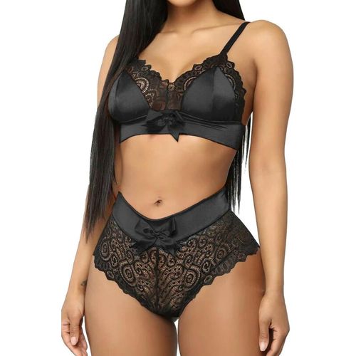 Kgabery-Ensemble De Soutien-Gorge Femme Lingerie Sexy En Dentelle Nuisette Satin 2 Pieces Vêtements De Nuit Réglable Bralettes Avec Culotte Col V Babydoll Noir/Rouge S-L