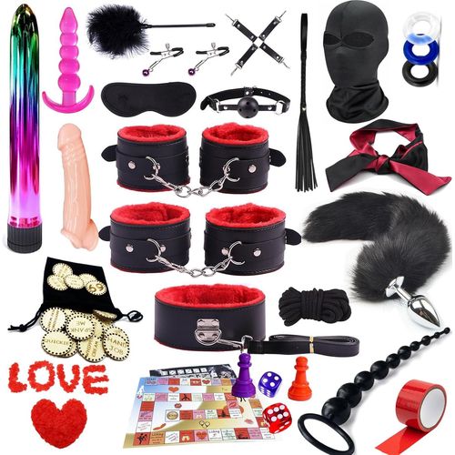 Kgabery-26 Pièces Kits De Bondage,Jeu De Ludo,Menottes,Menottes De Cheville,Fouet Et Jouets Anaux,Jeux Sexuels Pour Adultes Coquins,Jeu D'aventure Palpitant Pour Couple