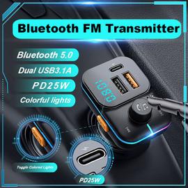 Chargeur de voiture PD 25W, transmetteur FM double USB, adaptateur Bluetooth,  sans fil, stéréo, mains libres, lecteur Mp3, lumières colorées, modulateur  FM