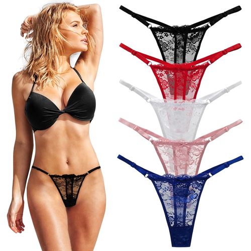 Kgabery-5 Pièces String Femme Dentelle Sexy Chic,Culotte Respirante Invisible Multipack,Slip Tentation (5 Couleurs,Taille Unique)