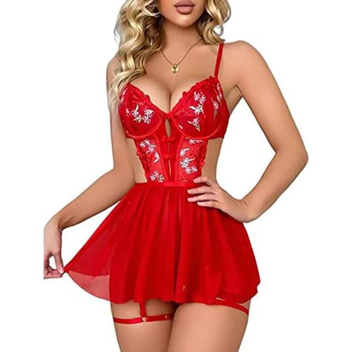 Kgabery-Lingerie Sexy Femme Dentelle Teddy Lingerie Babydolls Col V Erotique Nuisette Sexy Chemise De Nuit Boudoir Tenues Avec G-String