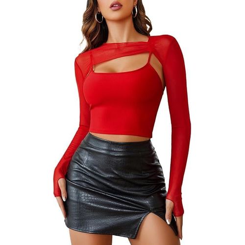 Kgabery-Maillot De Corps Sexy En Dentelle Pour Femme-Sans Ventre-Bustier-Manches Longues-2 Pièces-Clubwear-Haut Basique-Crop-Bretelles Spaghetti-Cami Loisirs
