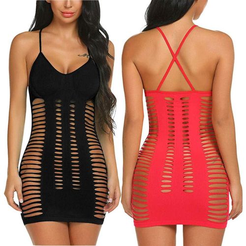 Kgabery-2-Pack Femmes Porte-Jarretelles Sexy Lingerie Bas Pour Bodys Mesh Robe Résille Babydoll De Mini Ladies Bandage Moulante Nuisette Tenue (Noir+Rouge),Taille Unique
