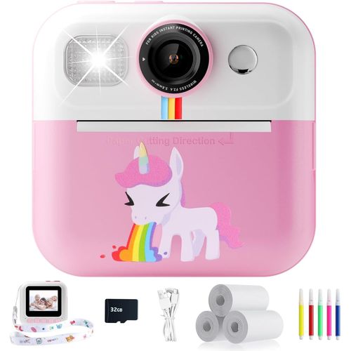 KGABERY-Appareil Photo Instantané,Appareil Photo Enfant Cadeau Pour Filles De 4-12 Ans Avec Papier D'Impression&Carte 32G,Caméra Vidéo Jouet Fille Avec Stylos Colorés Pour Le Bricolage