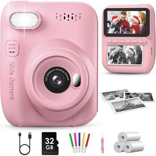 KGABERY-Appareil Photo Instantané Enfant,3.0"" Grand Écran 14 Mp Appareil Photo Enfant Avec Carte De 32 Go&Papier D'Impression,Appareil Photo Numérique Enfant Cadeau Pour Enfants 3-12 Ans,Rose