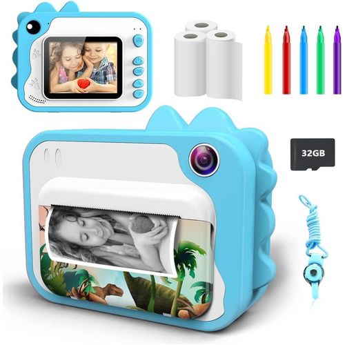 KGABERY-Appareil Photo Instantané,2 Pouces 1080P Avec 3 Rouleaux De Papier À Imprimer Et 5 Couleurs Stylo Pinceau Cadeau Pour Enfant Caméra Vidéo Noir Et Blanc Avec Carte Sd De 32 Go (Blue)