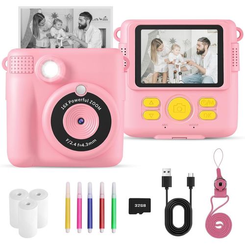 KGABERY-Appareil Photo Instantané Pour Enfants,Écran De 2,4 Pouces,Appareil Photo Numérique Hd 1080P Pour Enfants,Avec Carte Sd De 32 Go Et Papier D'Impression,Cadeau Pour Filles À Partir De 3 À 14 A