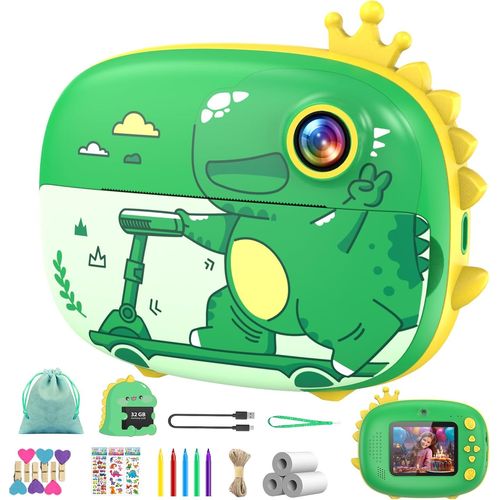 KGABERY-Appareil Photo Instantané Enfant,2,4 Pouces 1080P Dinosaure Appareil Photo Numérique Enfant Avec Carte 32G Et Papier D¿Impression,Vidéo Caméra Jouets Cadeau Pour Garçons Filles 3-12 Ans,Vert