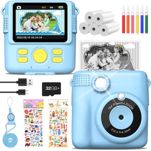 KGABERY-Appareil Photo Pour Enfants,Appareil Photo Numérique Instantané 1080P Avec Écran De 2,4 Pouces,Appareil Photo Numérique Avec 5 Rouleaux De Papier D'Impression,Carte De 32 Go,6 Stylos De C