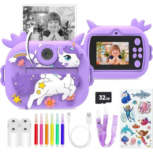 KGABERY-Appareil Photo Instantané Pour Enfants-Écran De 2,4""-Avec Papier D'Impression Et Carte Tf 32 G-Caméra Vidéo Hd 1080P Avec Stylos Colorés-Cadeau Pour Enfants De 3 À 12 Ans-Violet