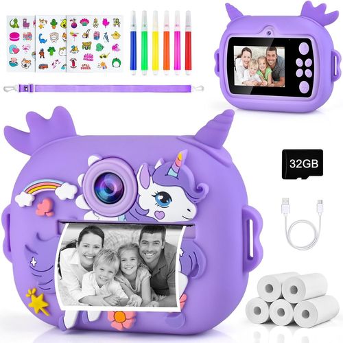 KGABERY-Appareil Photo Instantané Enfant Numériques Pour 3-12 Ans Imprimante Camera+5 Rouleaux Papier Thermique Impression Licorne Couleur Numerique Qui Imprime Mini Petit Cadeau Fille Jouet Annivers