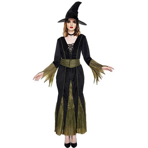 Déguisement Robe Longue Sorcière Noir Vert Femme