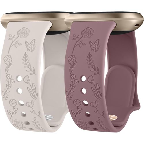Lot De 2 Bracelets De Rechange Souples Et Sportifs Gravés Compatibles Fitbit Versa 3/Fitbit Versa 4/Fitbit Sense 2 Pour Femme - Motif Papillon Rose Gravé[Bou5250945]