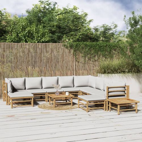 Vidaxl Salon De Jardin 12 Pcs Avec Coussins Gris Clair Bambou