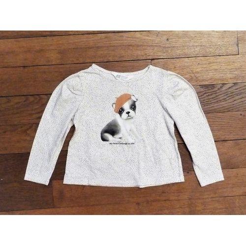 Tee Shirt/ Top Blanc À Pois Gris Avec Son Motif Chiot-Taille 2/4 Ans- H&ampm
