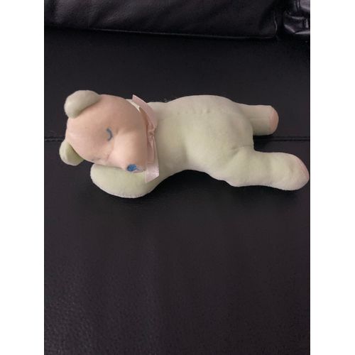 Peluche Doudou Ours Vert Grelot Allongé Sucre D'orge 20 Cm