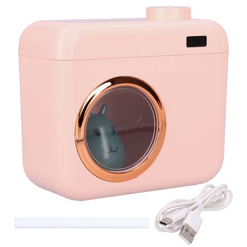 Humidificateur d'air rose en forme d'appareil photo avec lumiere ambiante, humidificateur portable silencieux a chargement USB pour la maison