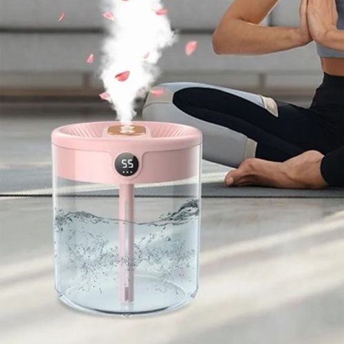 Humidificateur a brume rose 2 L, silencieux, USB, fonction veilleuse, double pulverisation, affichage numerique, vaporisateur d'air pour la maison