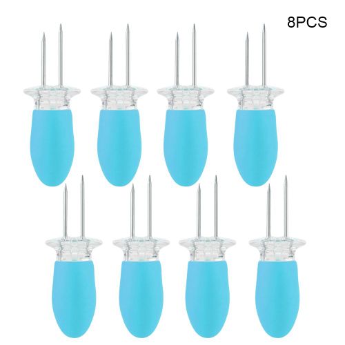 Lot de 4 fourchettes a mais en acier inoxydable (8 pieces) pour barbecue (bleu)