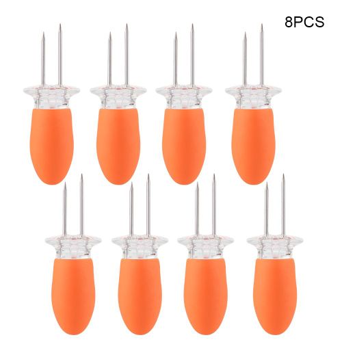 Lot de 4 fourchettes a mais en acier inoxydable (8 pieces) pour barbecue (orange)