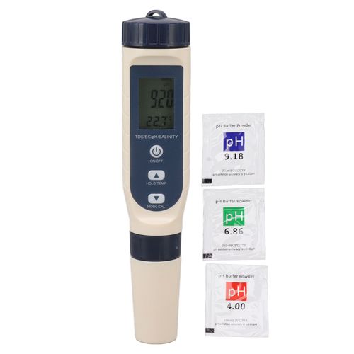 Testeur de qualite de l'eau 5 en 1, TDS EC, PH, TEMP, SEL, compteur d'eau multifonction etanche IP65 avec grand ecran retroeclaire HD