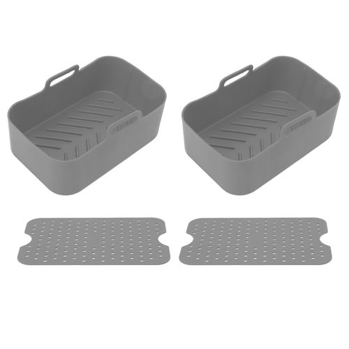 Lot de 2 paniers et tapis en silicone pour friteuse de cuisine, reutilisables, antiadhesifs, rectangulaires, accessoires pour four a air, pour Ninja DZ201 Foodi 8QT, gris