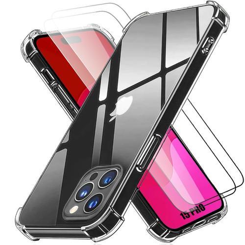 Coque Silicone Pour Iphone 15 Pro - Protection Antichoc Transparente + 2 Vitres En Verre Trempé Protection