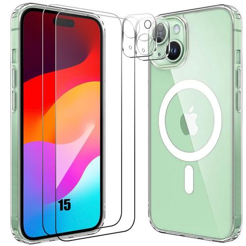 Coque Pour Iphone 15 Avec Anneau Magnétique + 2 Vitres Verre Trempé Et 2 Protections Objectif Arrière