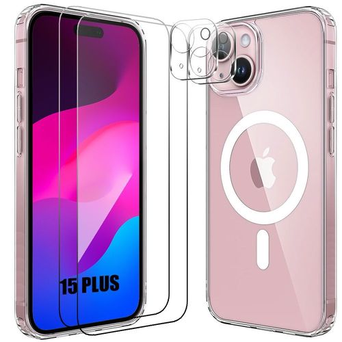 Coque Pour Iphone 15 Plus Avec Ronde Magnétique + 2 Verres Trempés Transparents Et 2 Vitres Caméra Arrière
