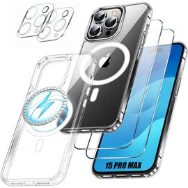Coque Pour Iphone 15 Pro Max Avec Anneau Magnétique + 2 Verres Trempés Et 2 Vitres Protection Caméra Arrière