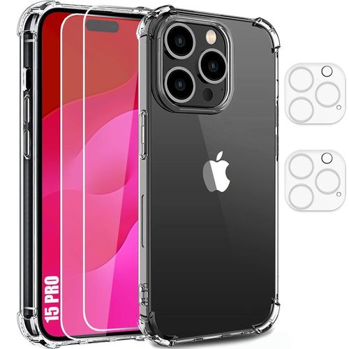 Coque Silicone Pour Iphone 15 Pro Antichoc + 2 Verres Trempés Transparents + 2 Vitres Protection Caméra Arrière