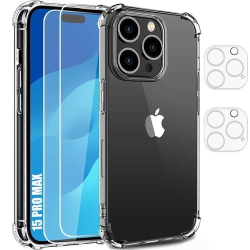 Coque Silicone Pour Iphone 15 Pro Max Protection Renforcée + 2 Verres Trempés Et 2 Vitres Caméra Arrière