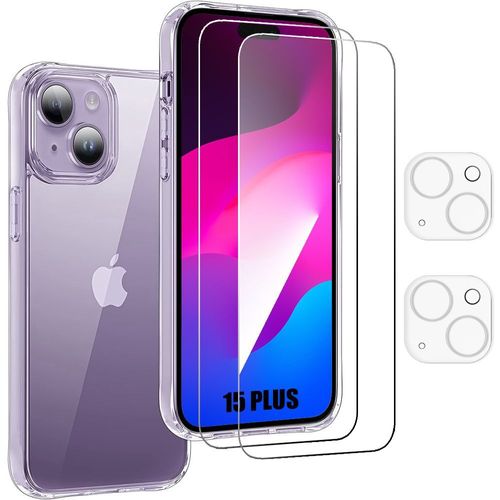 Coque Transparente Pour Iphone 15 Plus - Protection Silicone + 2 Vitres Verre Trempé + 2 Vitres Caméra Arrière