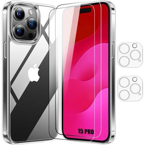 Coque Silicone Pour Iphone 15 Pro Avec 2 Vitres En Verre Trempé Transparent Et 2 Protections Caméra Arrière