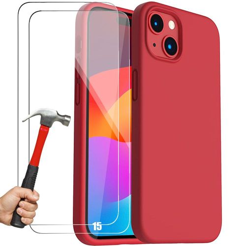 Coque Pour Iphone 15 - Silicone Liquide Mat Rouge Slim + 2 Verres Trempés