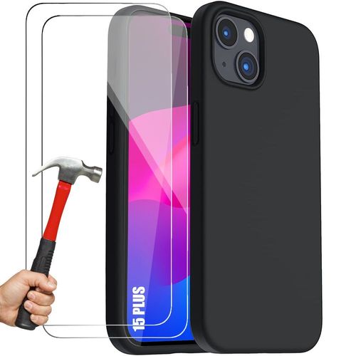 Coque Silicone Pour Iphone 15 Plus Noir Antichoc + 2 Verres Trempés Transparents