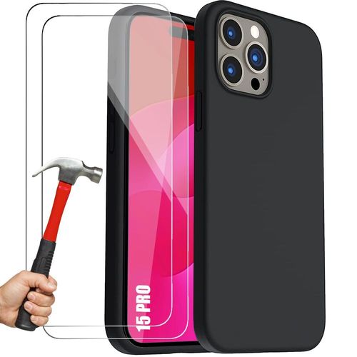 Coque Pour Iphone 15 Pro, Protection Silicone Liquide Noir Avec 2 Verres Trempés Antichoc Anti-Rayures