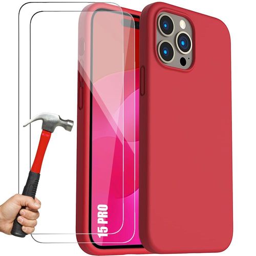 Coque Silicone Pour Iphone 15 Pro, Protection Souple Antichoc Rouge + 2 Vitres D'écran Verre Trempé