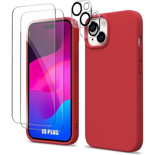 Coque Silicone Pour Iphone 15 Plus Rouge + 2 Vitres Protection D'écran En Verre Trempé Et 2 Vitres Objectif Arrière