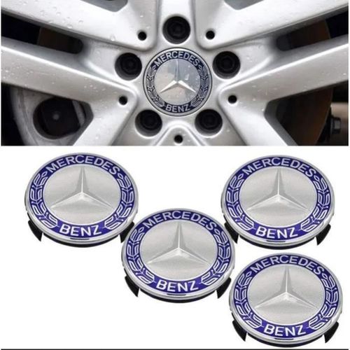 4 × 75mm Centre De Roue Mercedes Benz Original Chrome Et Bleu Emblème Caches Moyeux