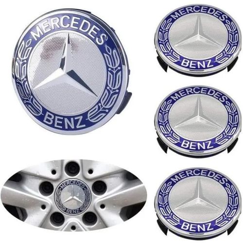 4 × 75mm Centre De Roue Mercedes Benz Original Chrome Et Bleu Emblème Caches Moyeux -Pour: Mercedes Benz Amg A B C Clk Cl E G Gl Gls Ml S S -Diamètre:75mm.
