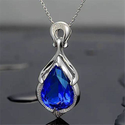 Collier Goutte Saphir Bleu En Acier Inoxydable Plaqué Argent Sterling, Collier Pierre Précieuse De Naissance