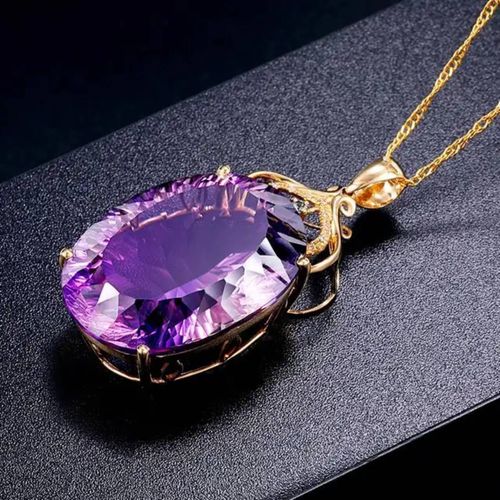 Collier Améthyste Unique En Acier Inoxydable Plaqué Or 18k, Pendentif Pierre Précieuse Violette,