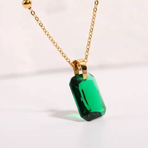 Collier Émeraude Pierre Précieuse Plaqué Or 18 Carats Pour Femme, Chaîne Fine En Acier Inoxydable Remplie D'or