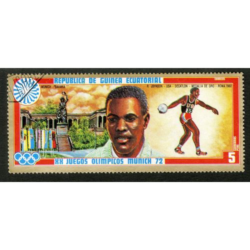 Timbre Oblitéré Republica De Guinea Ecuatorial, Munich, Bavaria, Xx Juegos Olimpicos Munich 72, Johnson Usa Décatlon Medalla De Oro Roma 1960, 5 Ptas